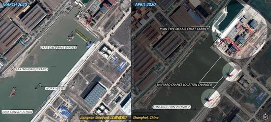 中国003航母舰体逐渐成型 舾装码头也已就位