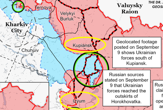 美国战争研究所绘制的9日伊久姆及库皮扬斯克附近的态势图。