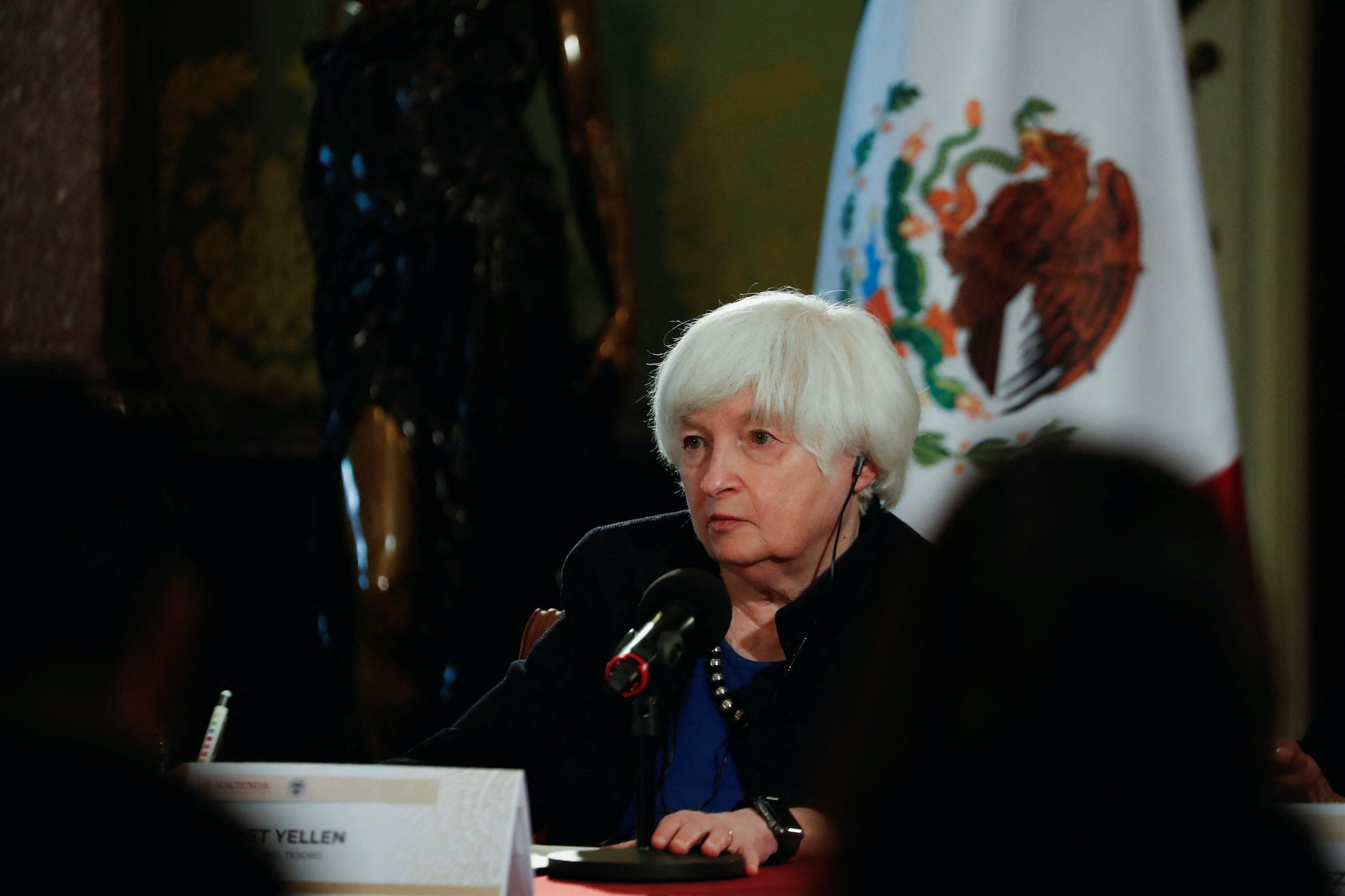 圖為美國財政部長耶倫（Janet Yellen）2023年12月7日訪問墨西哥期間出席記者會。（Reuters）