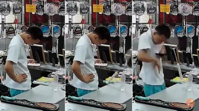 监控下诡异一幕:羽毛球拍突然跳起来 狠拍老板 监控下诡异一幕:羽毛球拍突然跳起来 狠拍老板