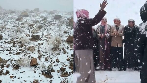 沙特下大雪了!沙漠变银白大地 人嗨翻 沙特下大雪了!沙漠变银白大地 人嗨翻