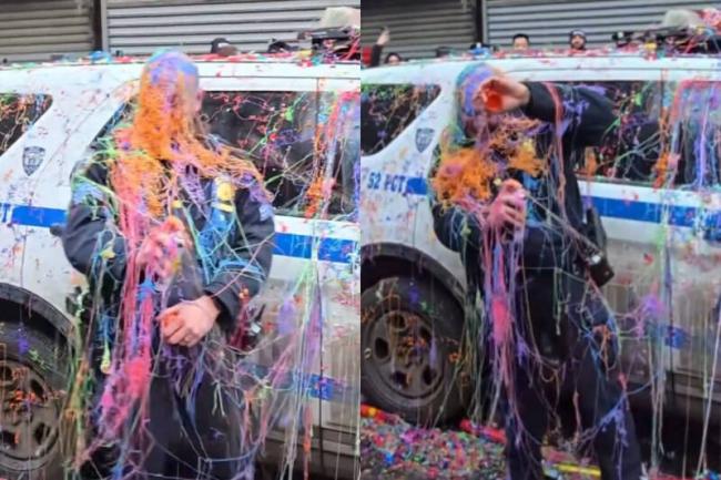 美国警察春节遭彩带“围攻” 中国网友超羡慕 美国警察春节遭彩带“围攻” 中国网友超羡慕