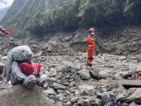 西藏土石流揪心画面 “它”孤零零静坐淤泥中 西藏土石流揪心画面 “它”孤零零静坐淤泥中